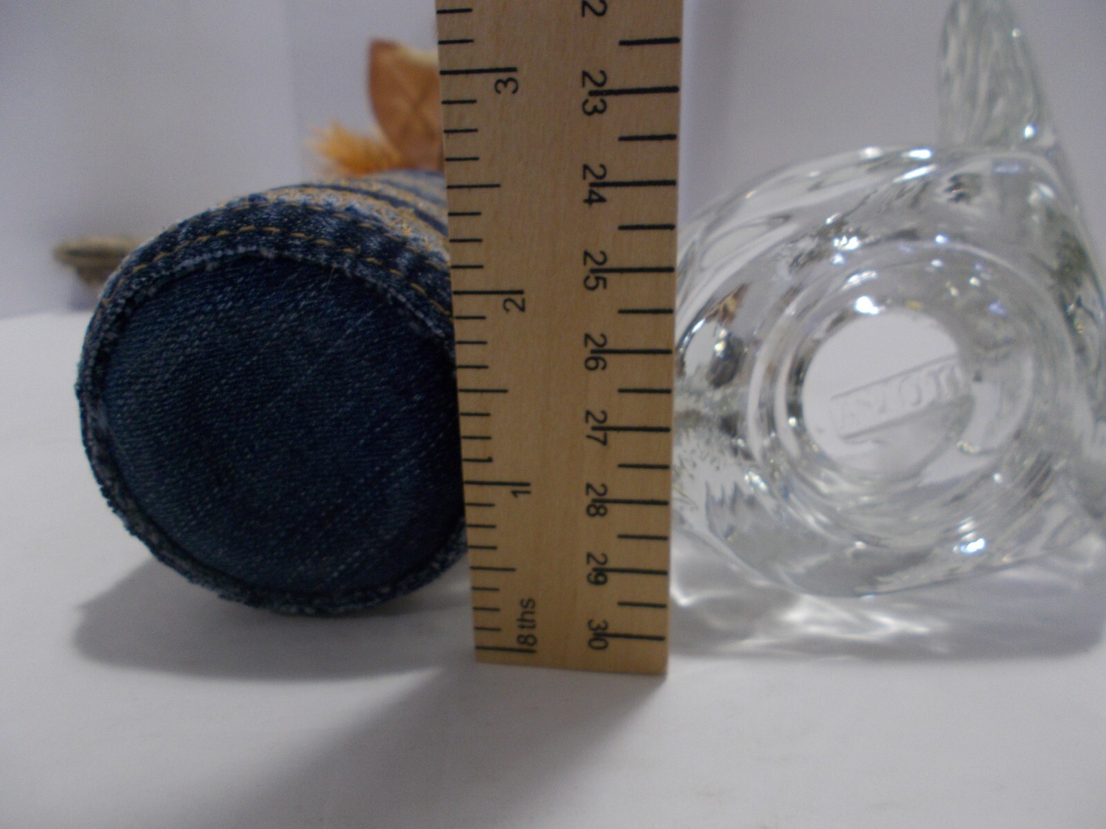 Recycled Denim Jeans Seams Vase w Denim Rose & Vtg. Glass Turkey Candle Holder