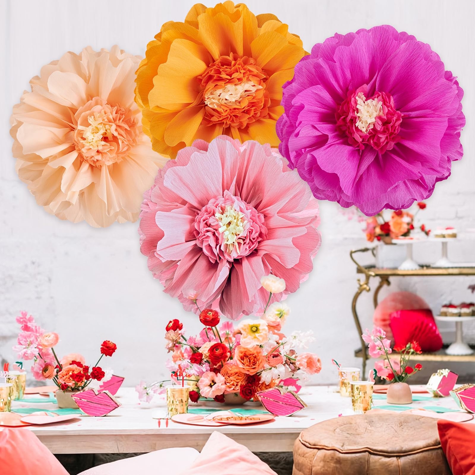 Large Paper Flowers 20” Pink Orange Giant Crepe Tissue Wall Decor 4 PCS