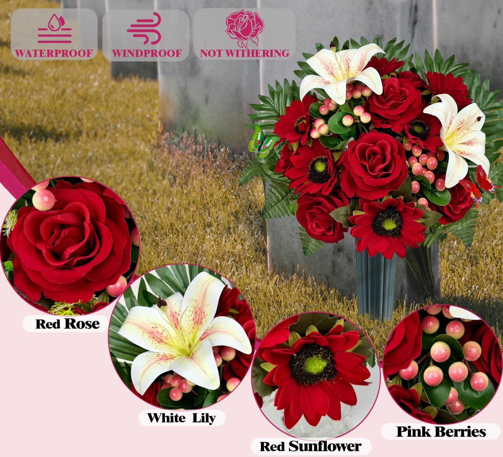 Artificial Cemetery Flower Bouquets – 3-Piece Grave Saddle Set, Colorfast Roses