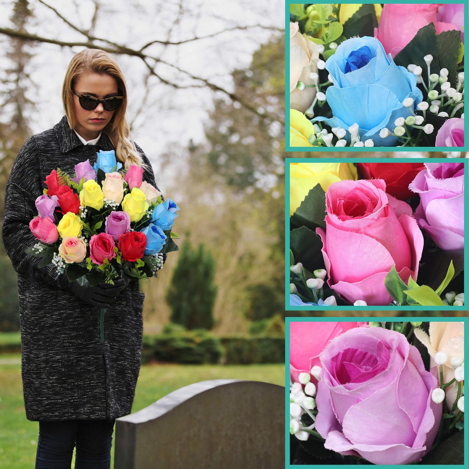 Artificial Cemetery Flowers,Set of 2 Grave Decorations Roses, Tombstone Memor…