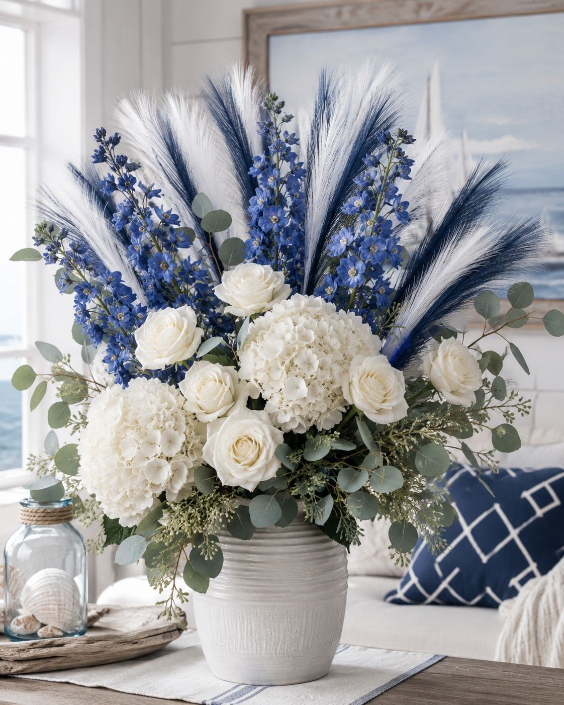 Blue and White Grass Stems Set of 17 Artificial Floral Grass Navy Blue White Pam