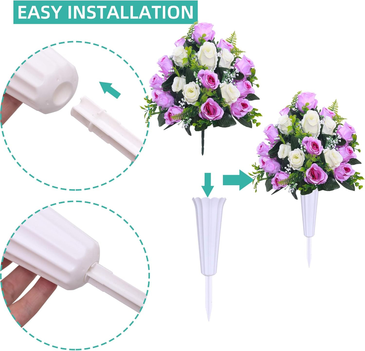 Artificial Cemetery Flowers 2 Set Grave Decorations Roses Tombstone Memorial