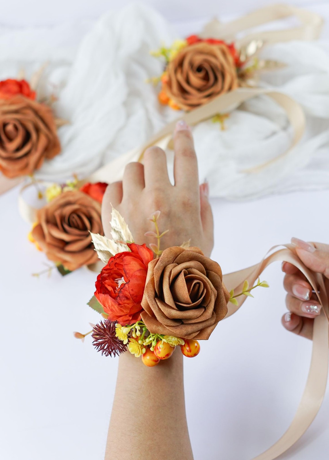 2 PCS Wedding Bridesmaid Wrist Corsage Burnt Orange Cream Yellow Rose