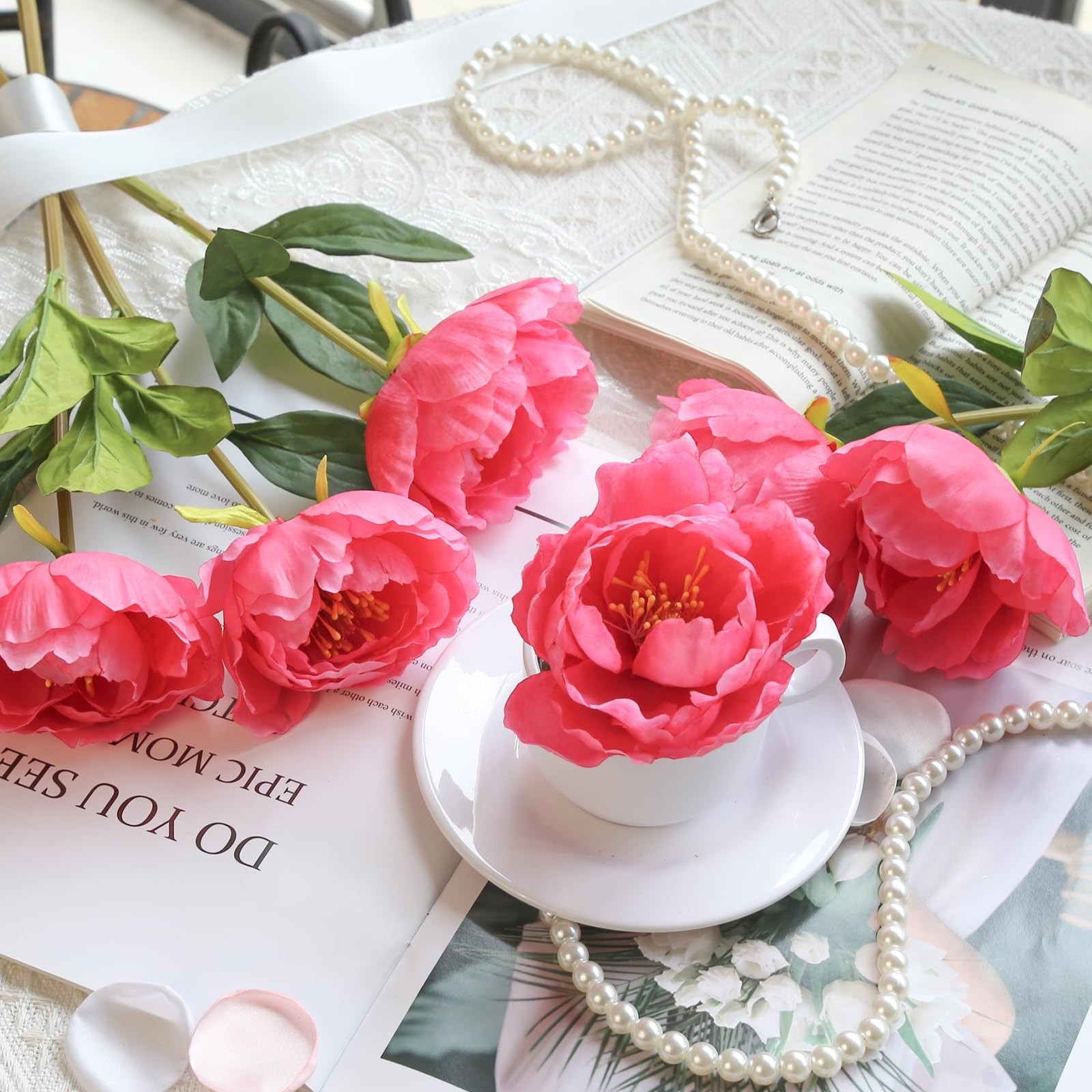 6 PCS Artificial Silk Faux Peonies Flowers Wedding Centerpieces Hot Pink