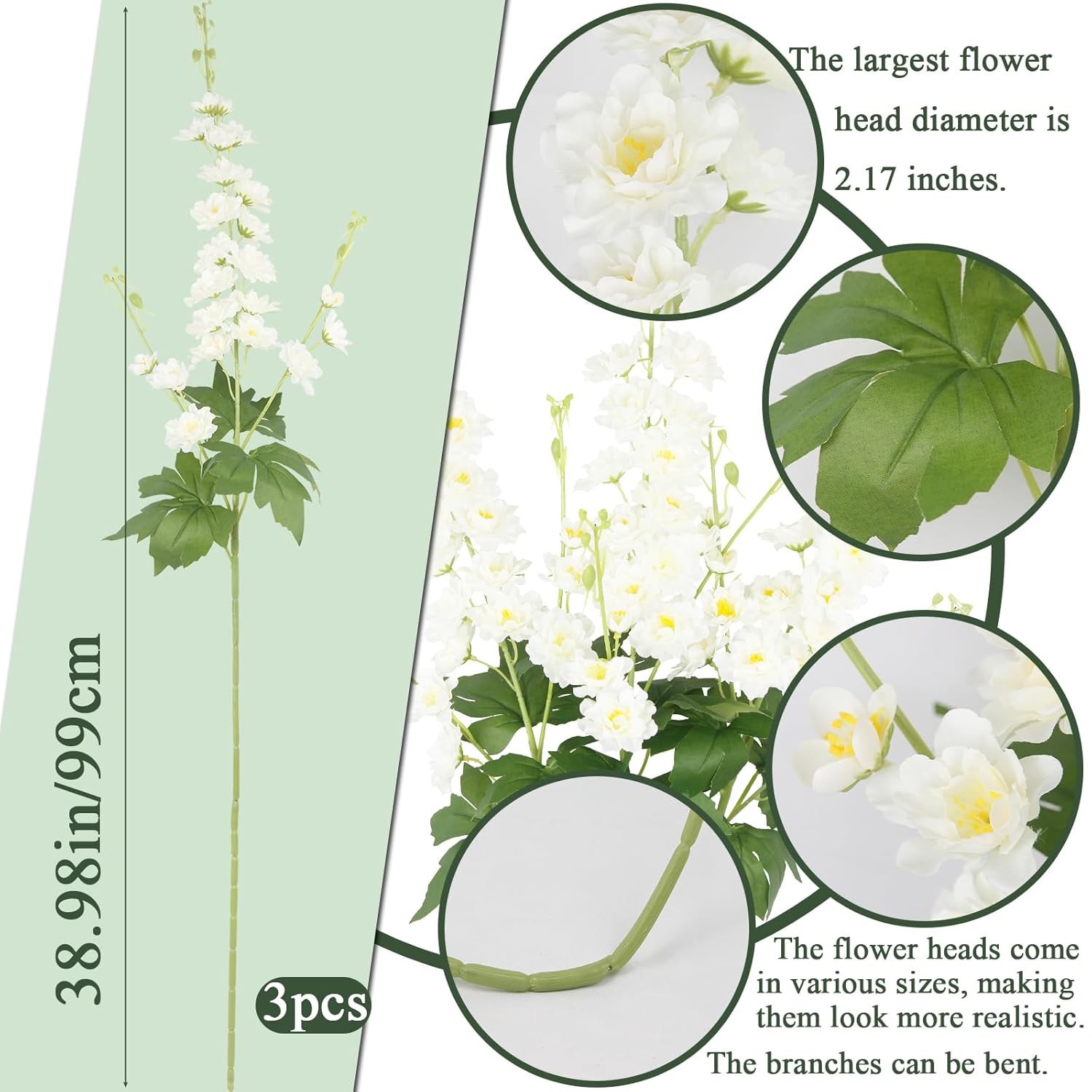 Delphinium Artificial Flowers 3 Pcs 40″ Long Stem White Silk Larkspur Bulk
