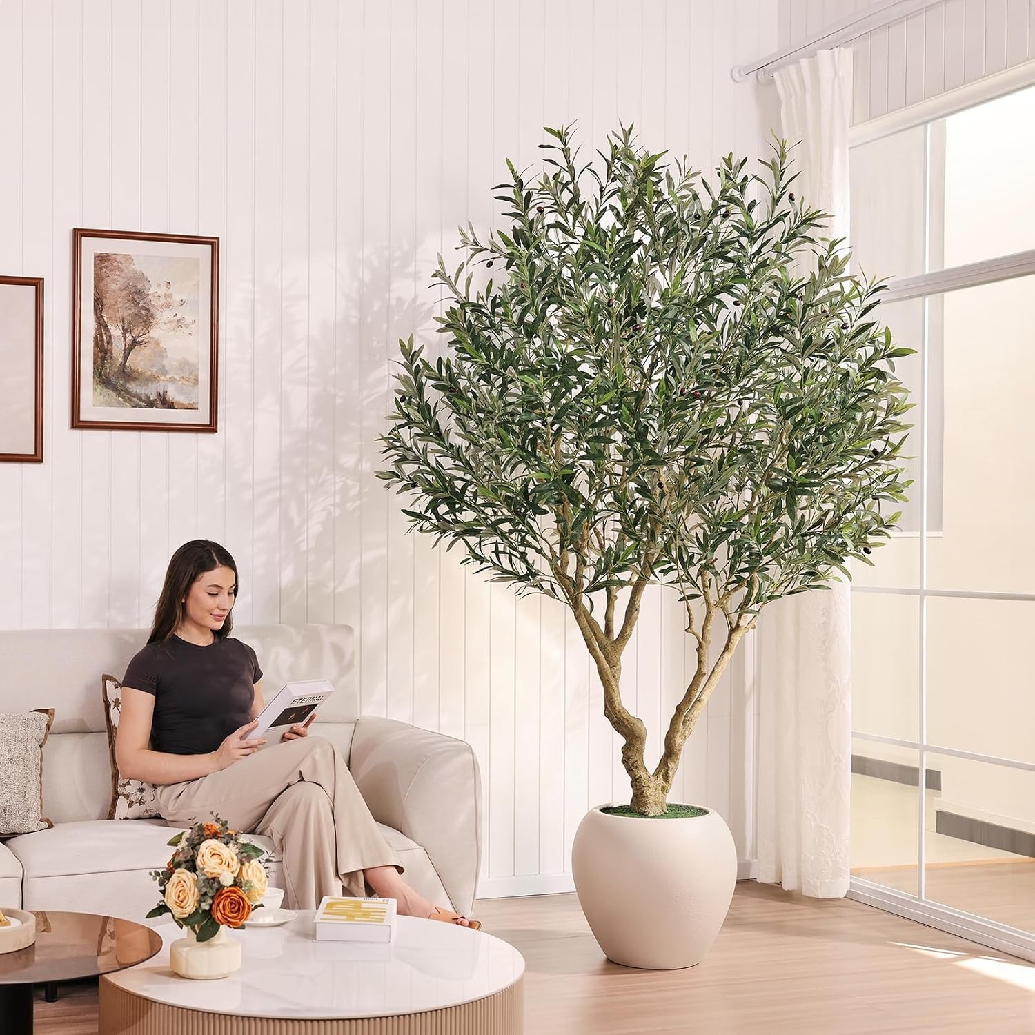 Olive Tree Artificial Indoor 8FT Tall Faux Olive Tree with 18in White Planter