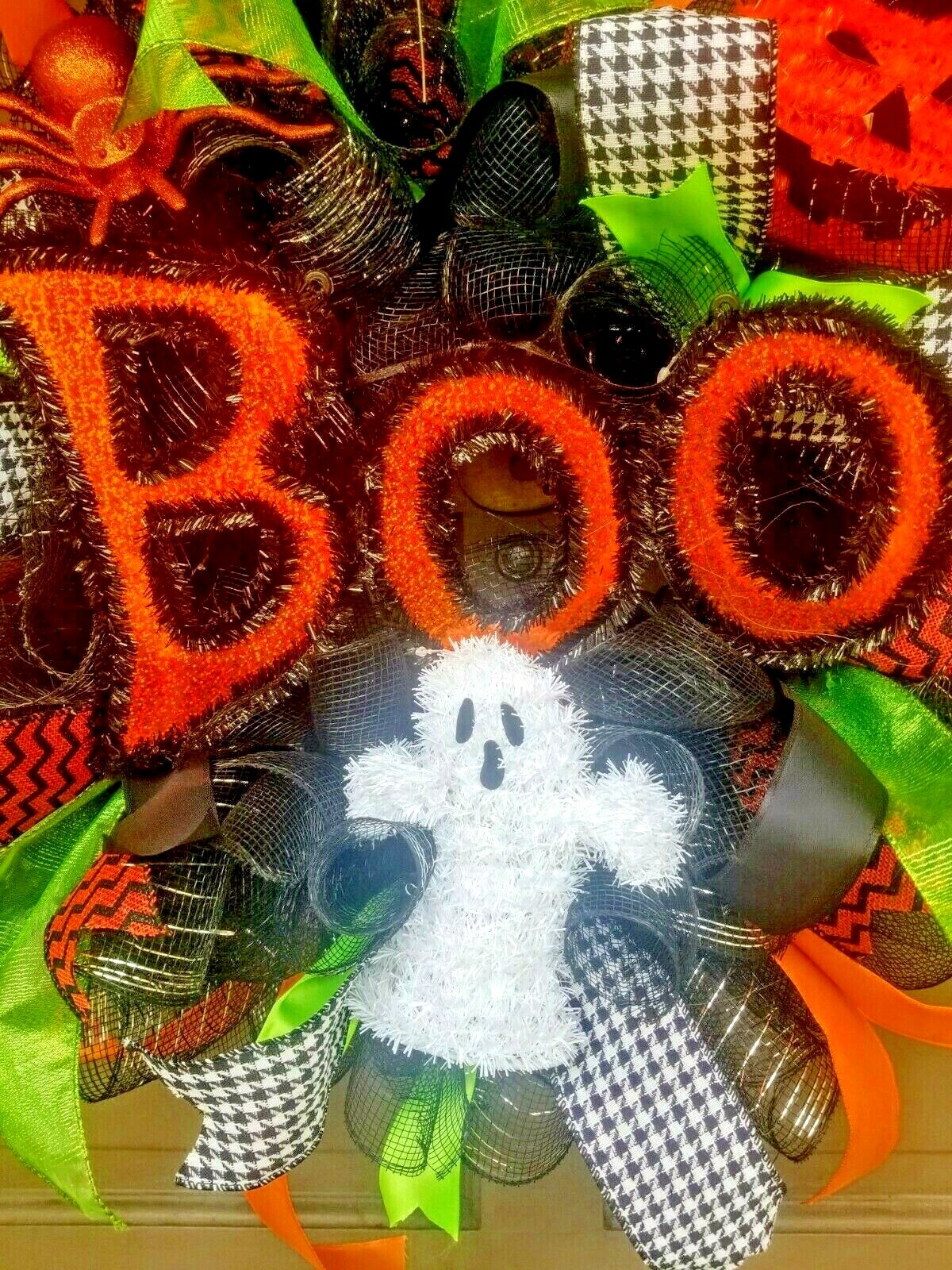 Halloween Wreath Front Door Decoration Large 24″ BOO Handmade Black Deco Mesh