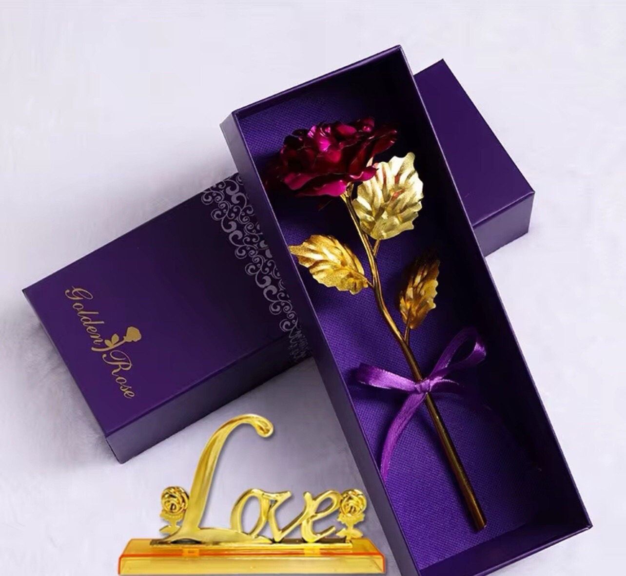 24K Dipped Purple Gold Rose Artificial Thin Light Valentine Gift Romantic