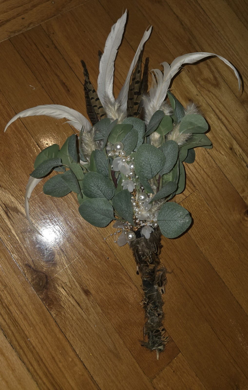 Boho Faux Eucalyptus & Feather Bouquet Rustic Pearl Floral Arrangement