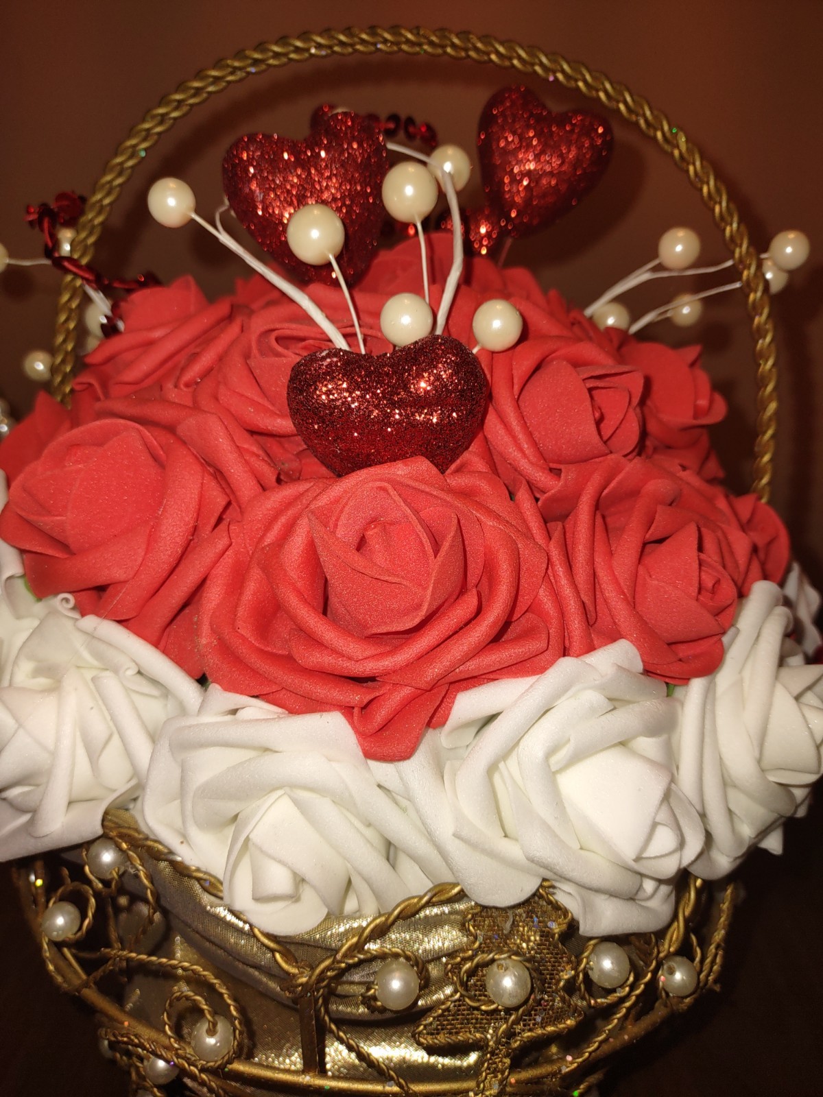 Centerpiece Valentine’s Day Faux White And Red Roses In Gold Tone Metal Basket