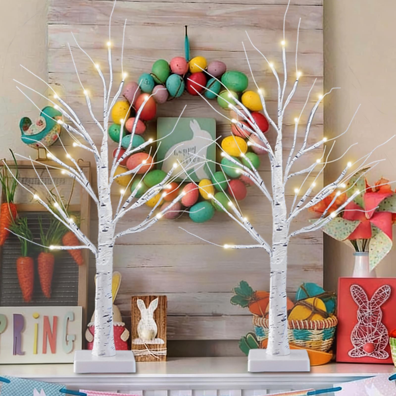 2 PCS 2 FT Lighted Birch Tree Timer Easter Decor 48 LED Tabletop Center
