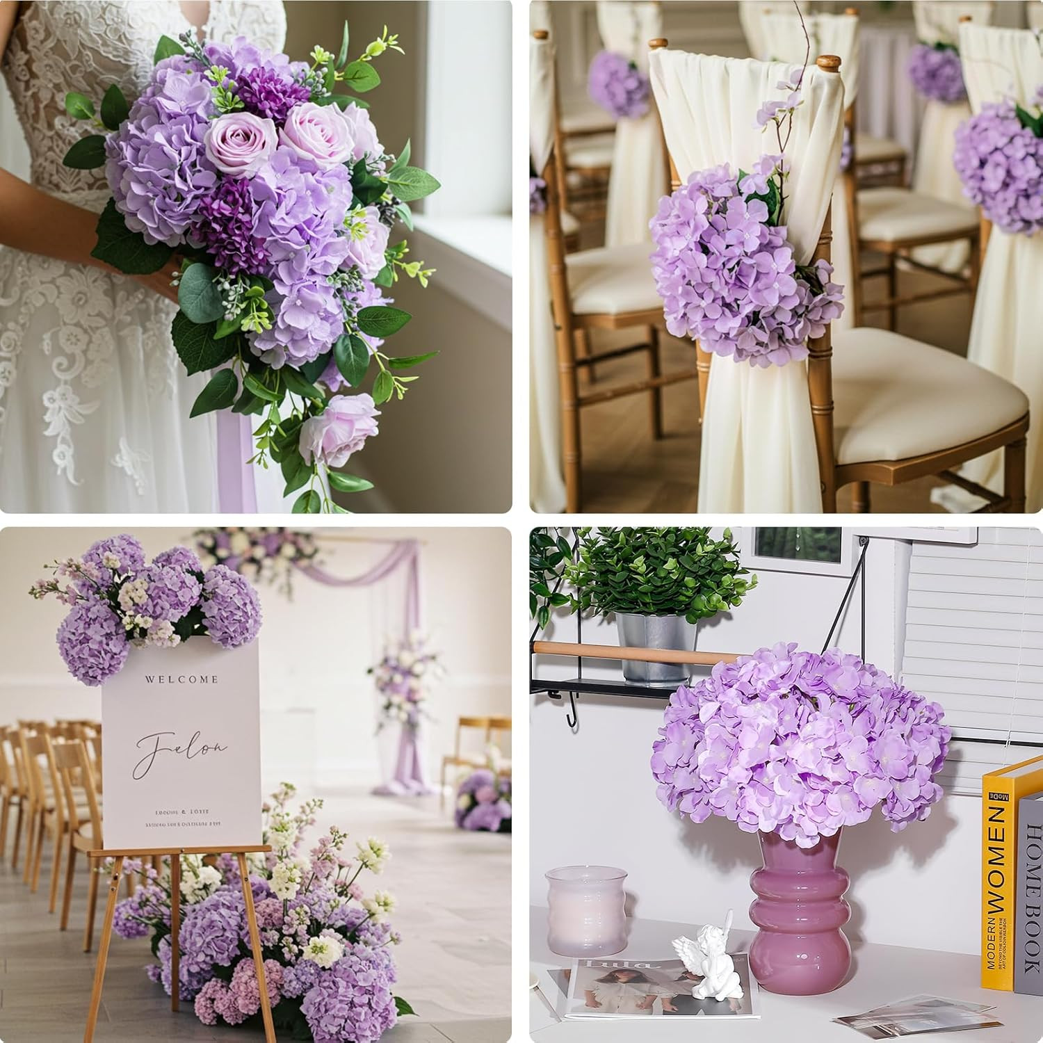 204PCS Purple Silk Hydrangea Flowers for Home Decor & Wedding Centerpieces