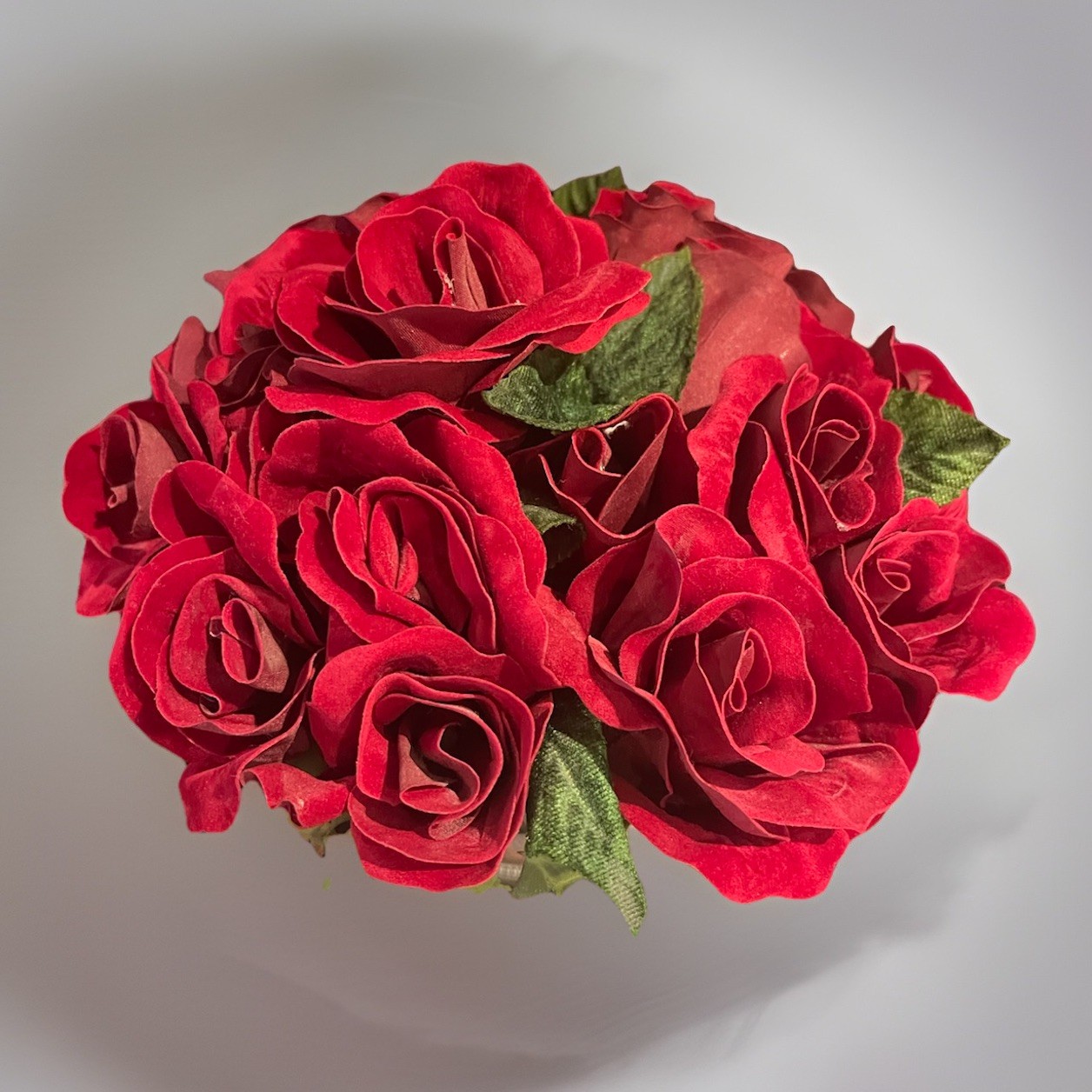Faux Red Rose Small Arrangement In Aged Silver Pedestal Urn