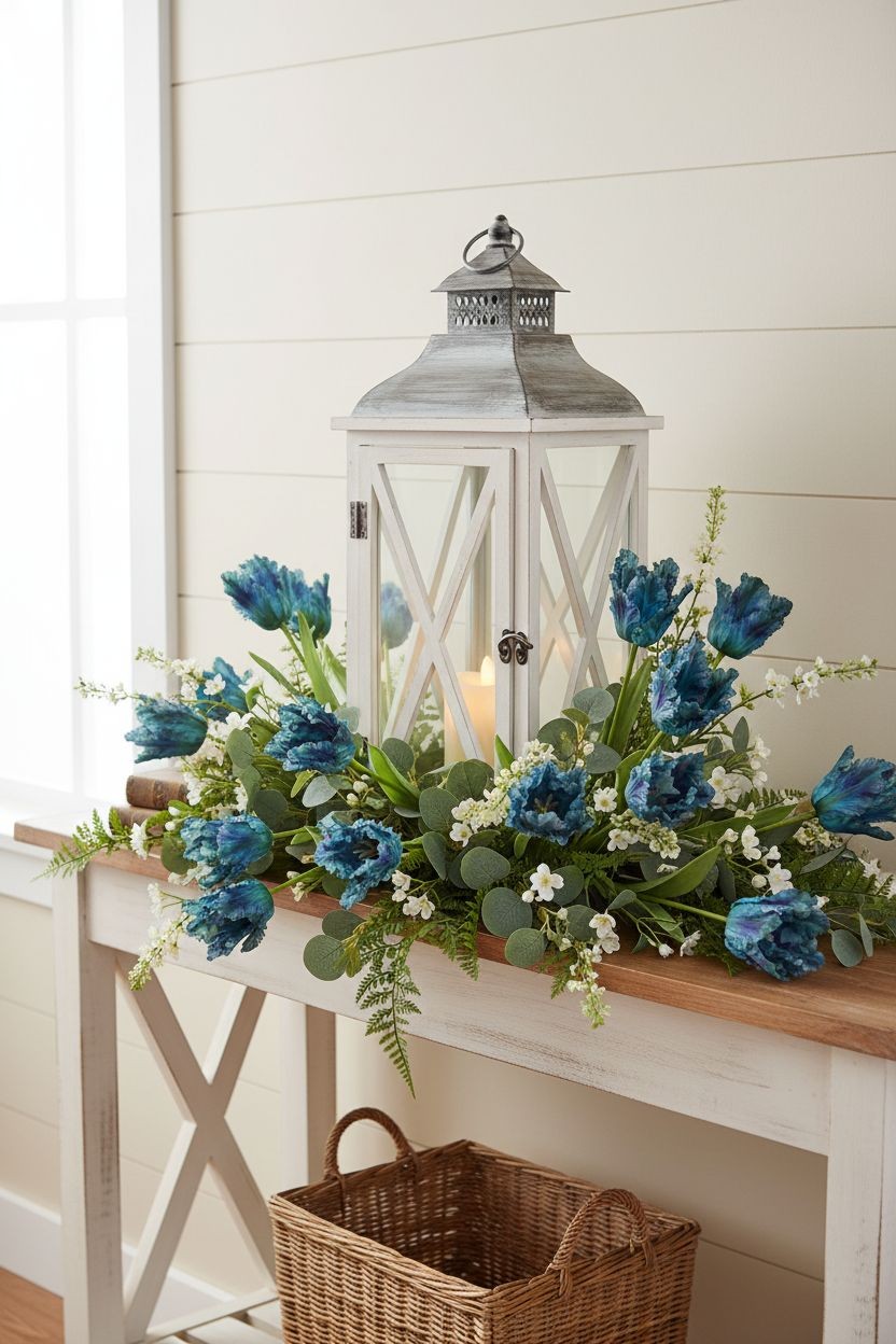 Blue Faux Tulips Set of 3 Artificial Parrot Tulips 27 Inch Tall