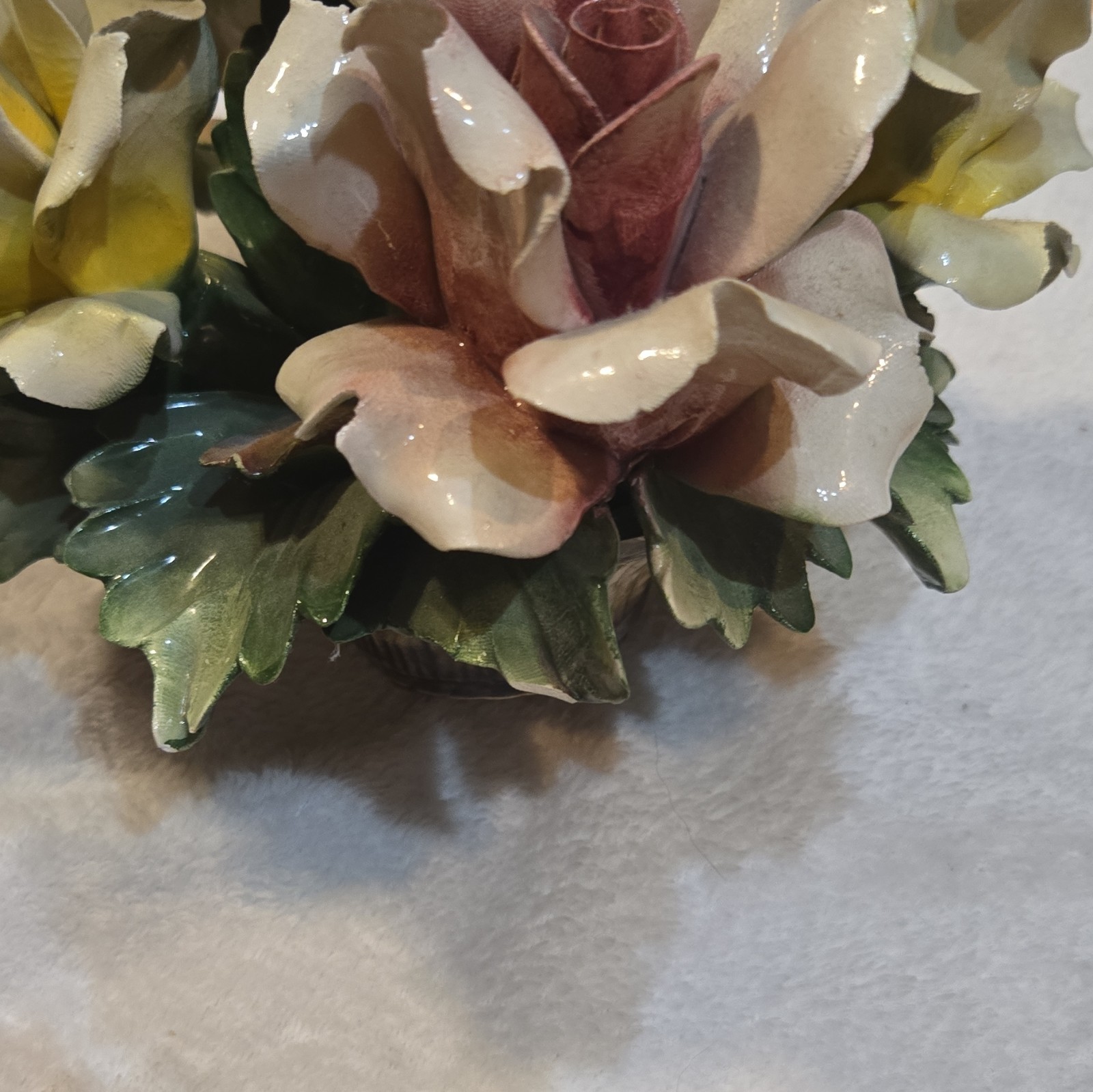 Vintage Italian Capodimonte Porcelain Rose Centerpiece Basket Candlestick Holder