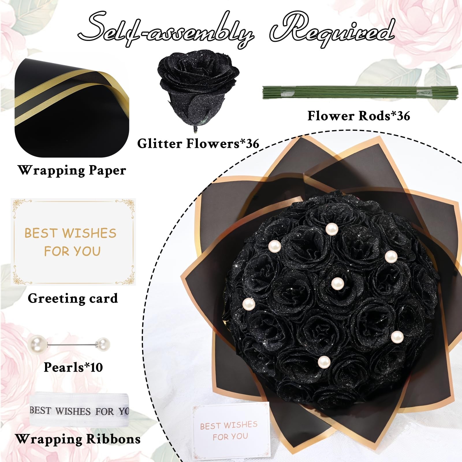 36 PCS Black Glitter Roses Bouquet DIY Artificial Fake Flowers Valentine Gift