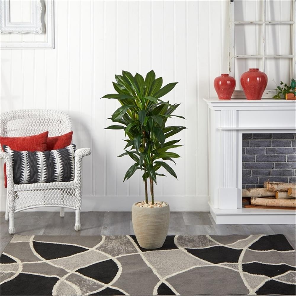 Pemberly Row 48″ Dracaena Artificial Plant in Sand Colored Planter Real Touch
