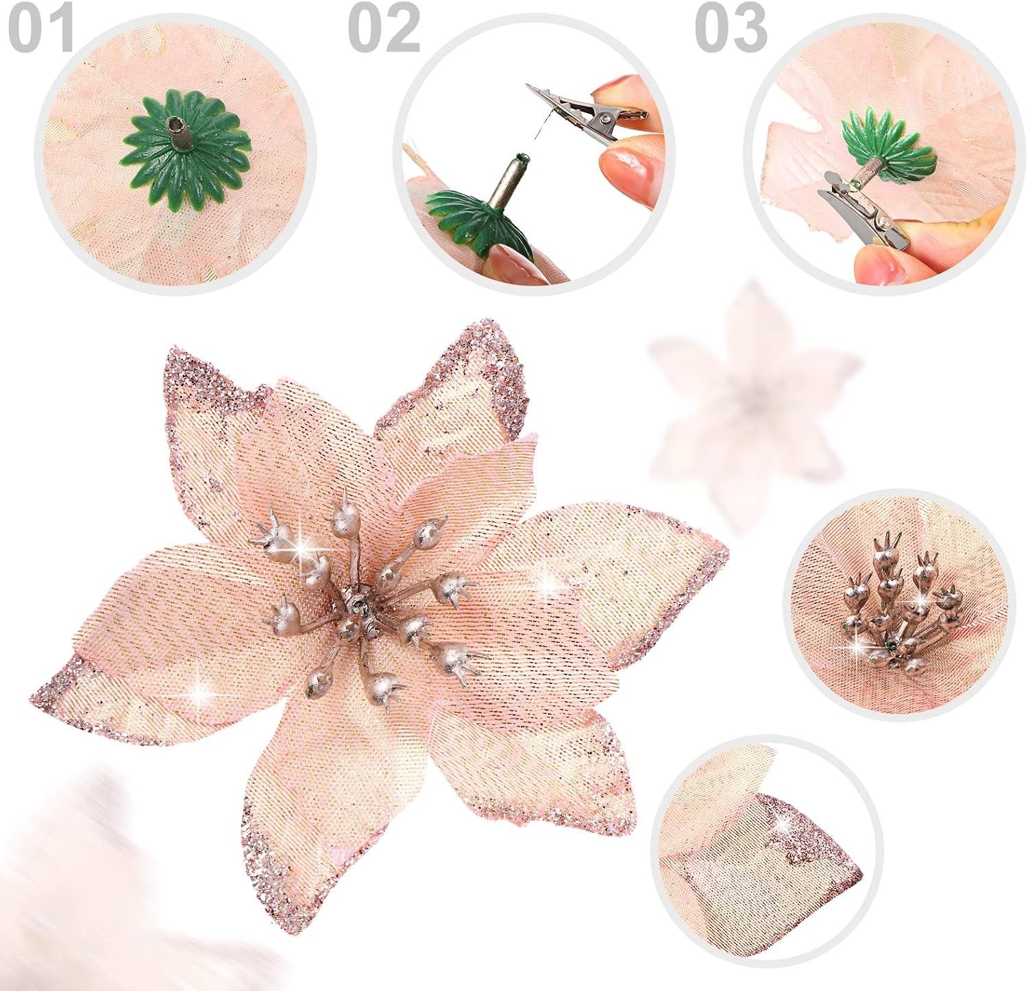 36 Pcs 3 Size Christmas Poinsettia Christmas Tree Flowers Glitter Faux Flower…