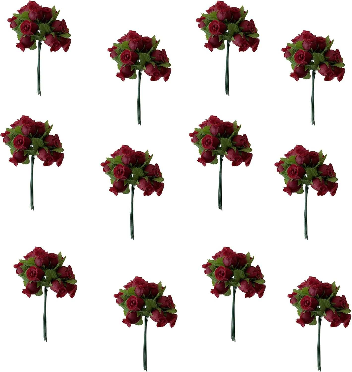 Burgundy Artificial Silk Flower Roses – 12 Mini Bouquets of 12 Rosebuds, 144 Ros