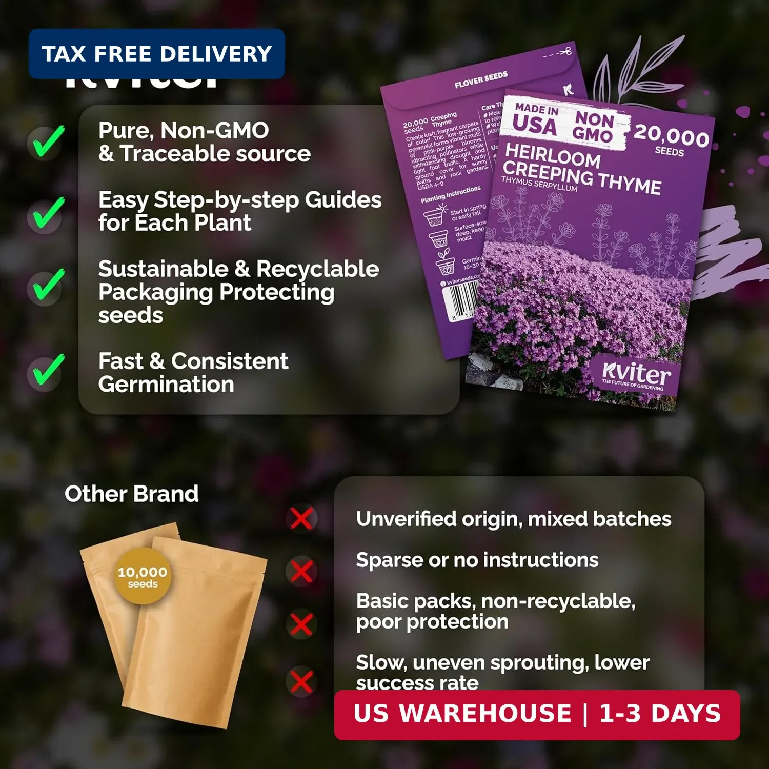 KVITER 20,000 Creeping Thyme Seeds (Thymus Serpyllum) – Wild Thyme, Aromatic Gro