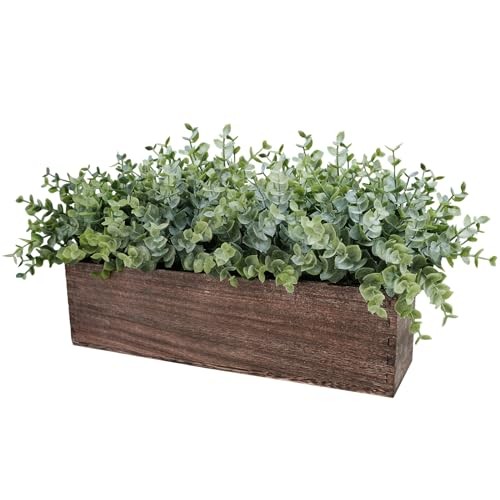 14″ Artificial in Rectangular Wood Planter Box Faux Plants Eucalyptus