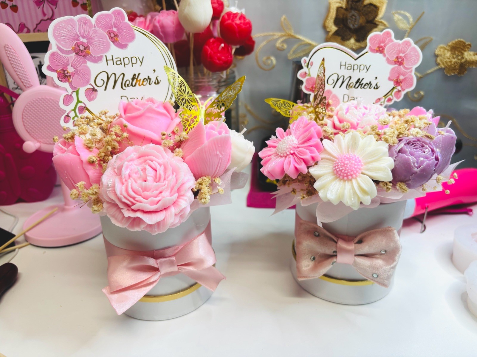 2 Arrangement of 100% handmade candle wax flowers, (includes the 2 arrangements)
