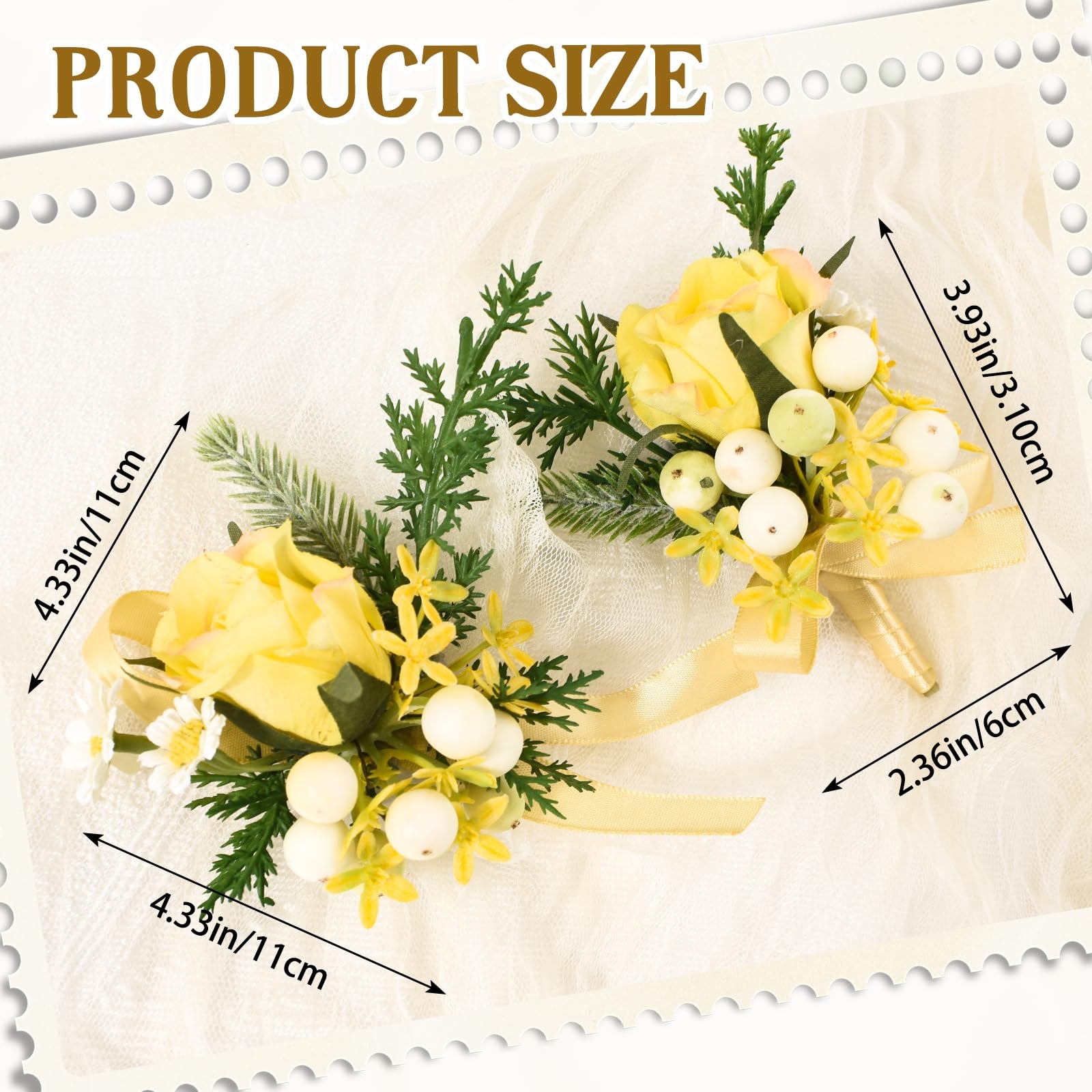 2 PCS Wedding Wrist Corsage Boutonniere Set Light Yellow Rose Hand Flower Prom