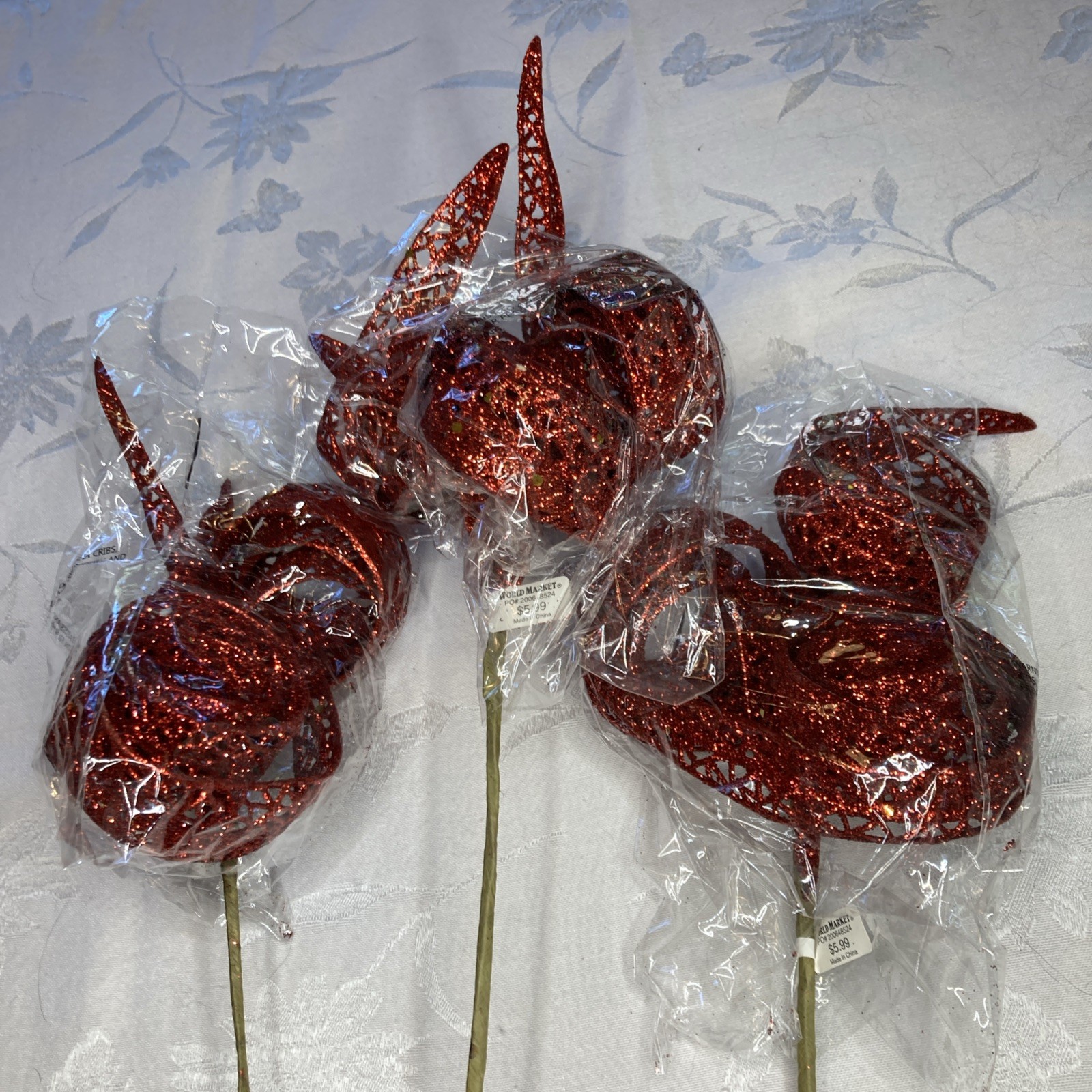 Set Of 3 World Market Red Glitter 20 Inch Floral Plant Stake Knot Rolled
