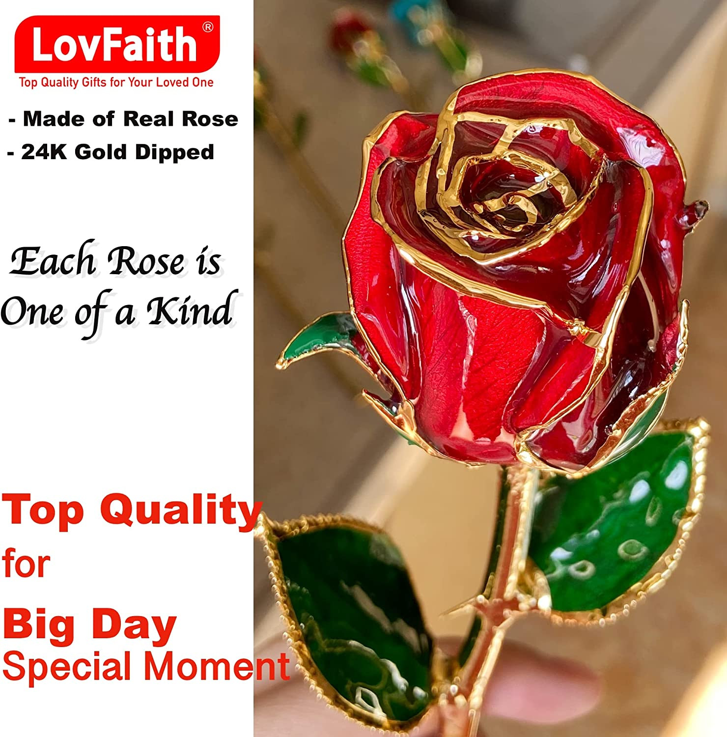 Valentines Day Real Rose Dipped 24K Gold with Crystal Stand, Best Original Rose