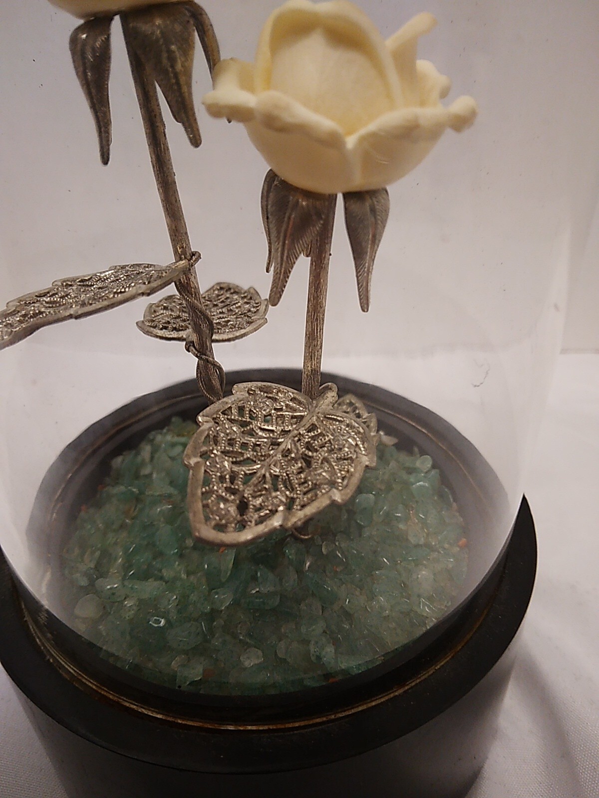 Glass Dome Display With Porcelain Roses On Silver Stems Wood Base NEEDS CLEANING