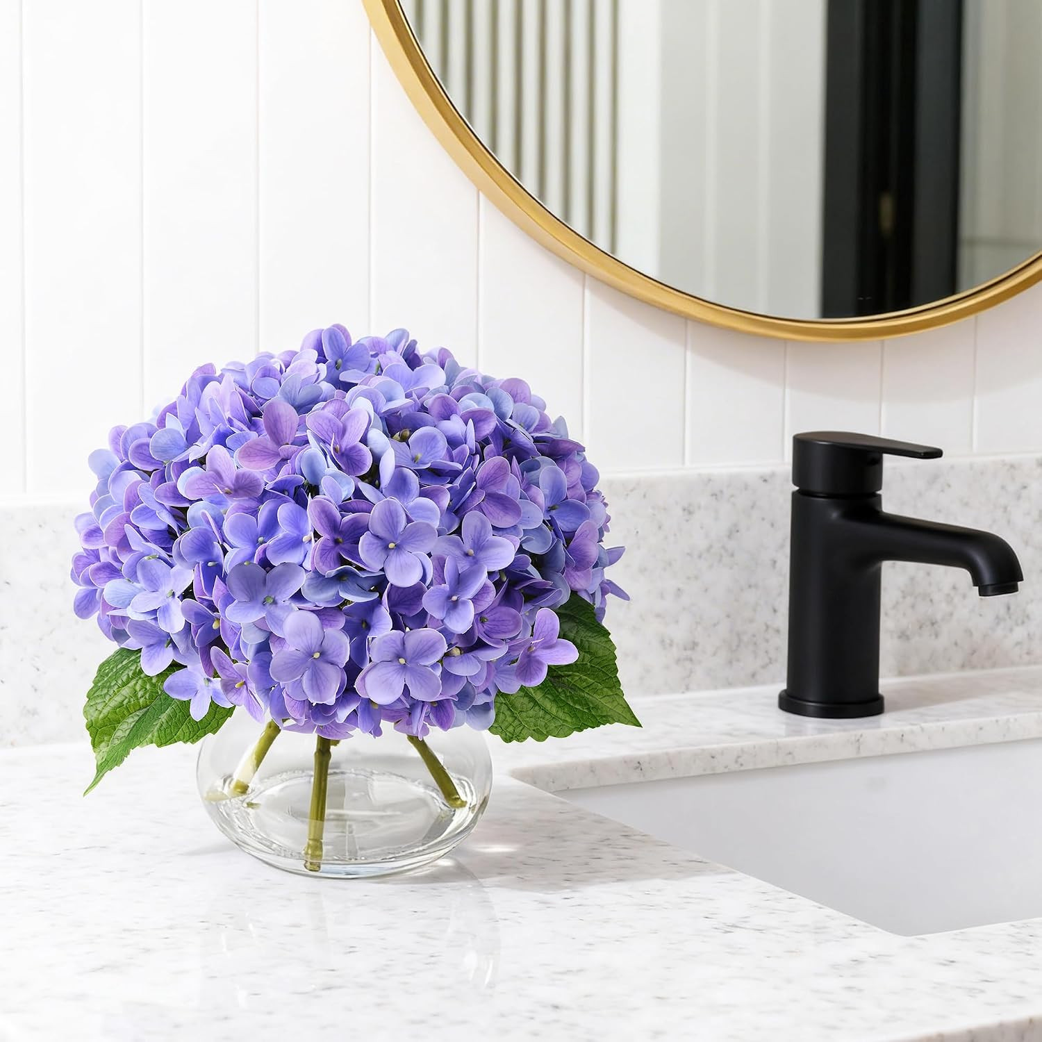 Purple Real Touch Faux Hydrangea in Glass Vase – No Watering Needed Decor