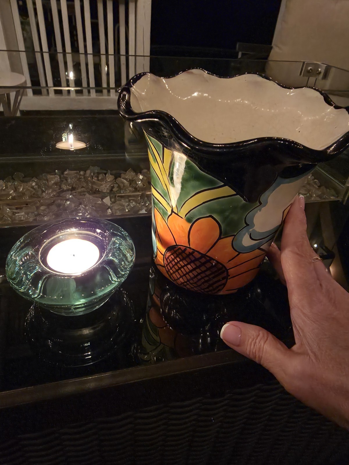 Talavera SunFlower and Lilies Planter Beautiful 6.5″ Wide x 6″ H Scalloped Edge