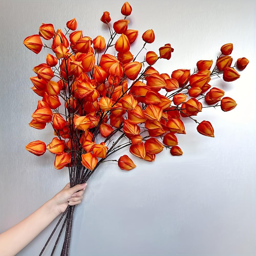 3Pcs Artificial Chinese Lantern Stems 38In Long Realistic Orange Red Silk Fau…