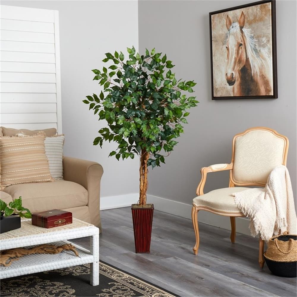 Pemberly Row 66″ Ficus Tree with Bamboo Planter in Green/Brown