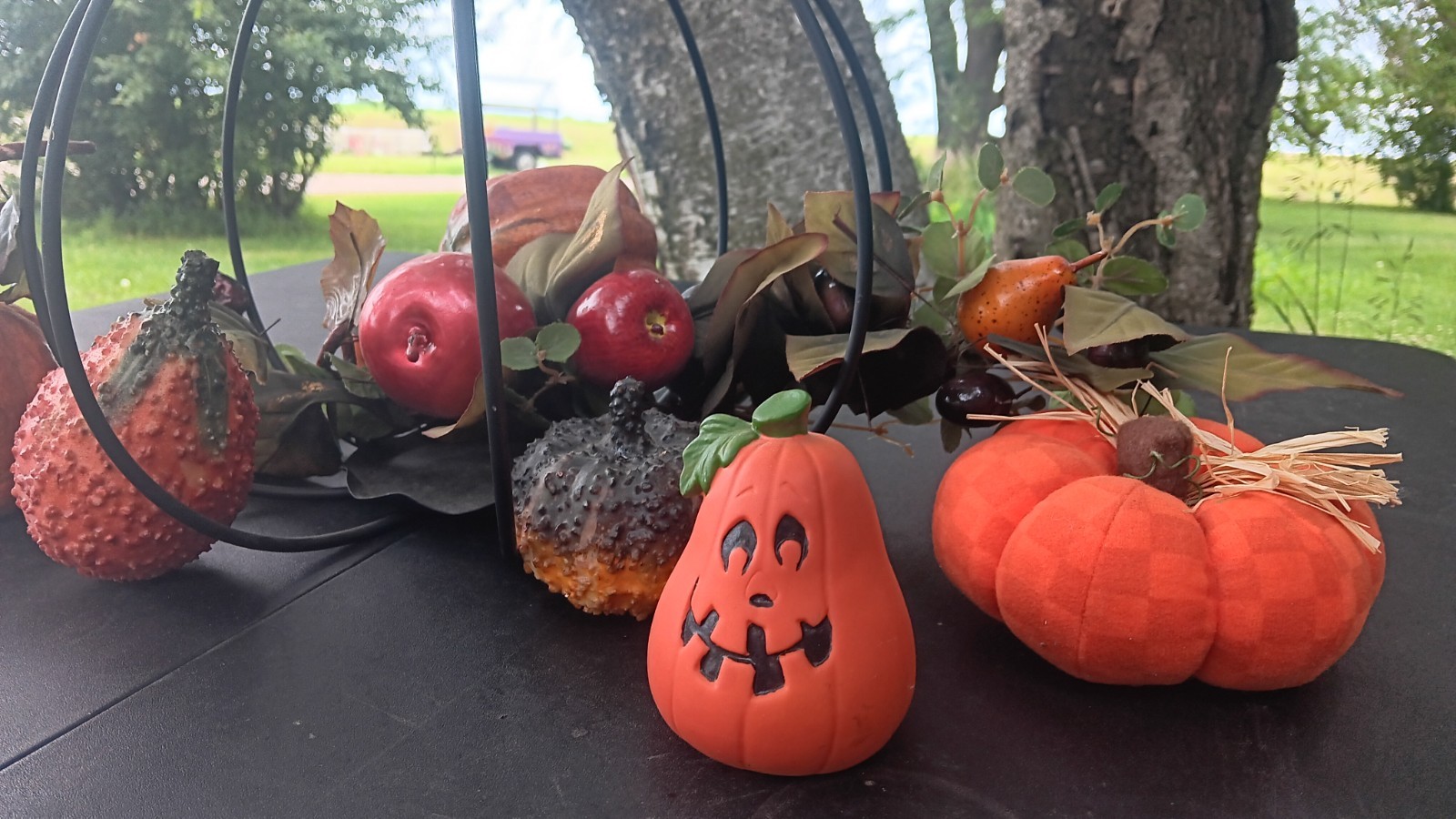Artificial Pumpkin Apple Centerpiece in Black Metal Frame Halloween 12×24″