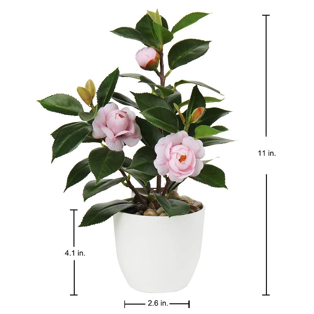 Mini Camellia Potted Artificial Plants Small Faux Plastic Flowers w/ Vase