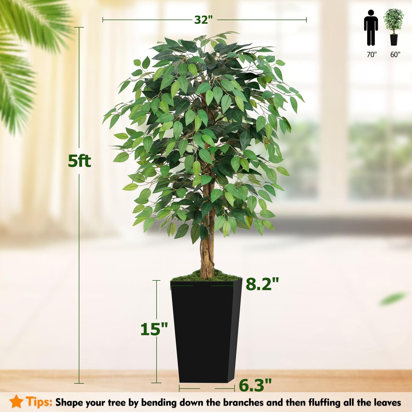 Keeplush 5ft Ficus Artificial Tree with 3 Natural Curved Trunks, 60″ Tall Lus…