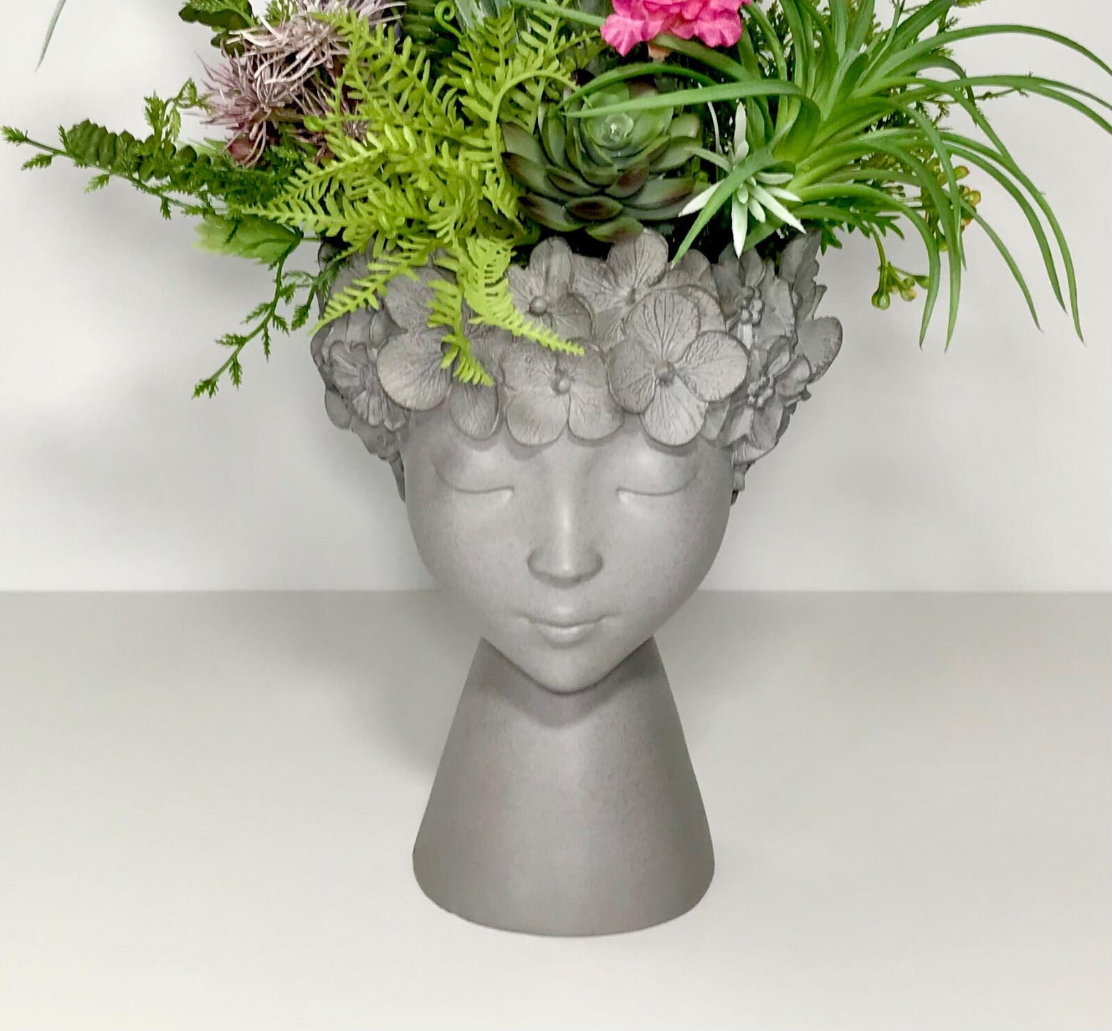 FAIRY GODDESS HEAD VASE FAUX BLOOMING CACTUS SUCCULENTS ARRANGEMENT GIFT NEW