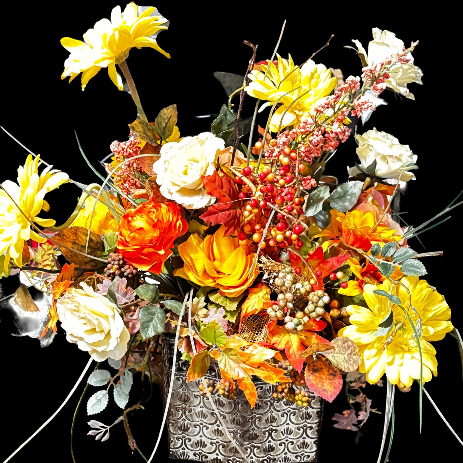 Fall Silk Flower Arrangement Preowned Orange/Gold/Green Centerpiece
