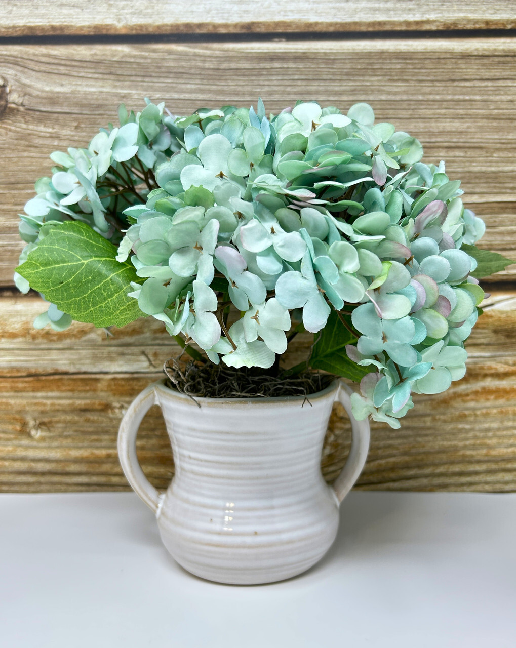 9″ Small Artificial Blue-Green Turquoise HYDRANGEA faux Silk flowers in White 2-
