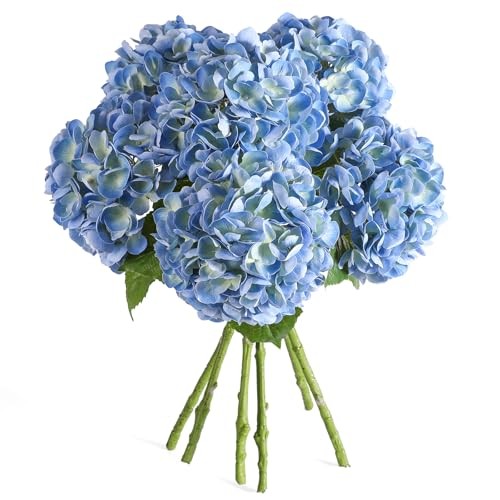 6PCS 22 inch Hydrangea Artificial Flowers Real Touch Faux Hydrangea Blue