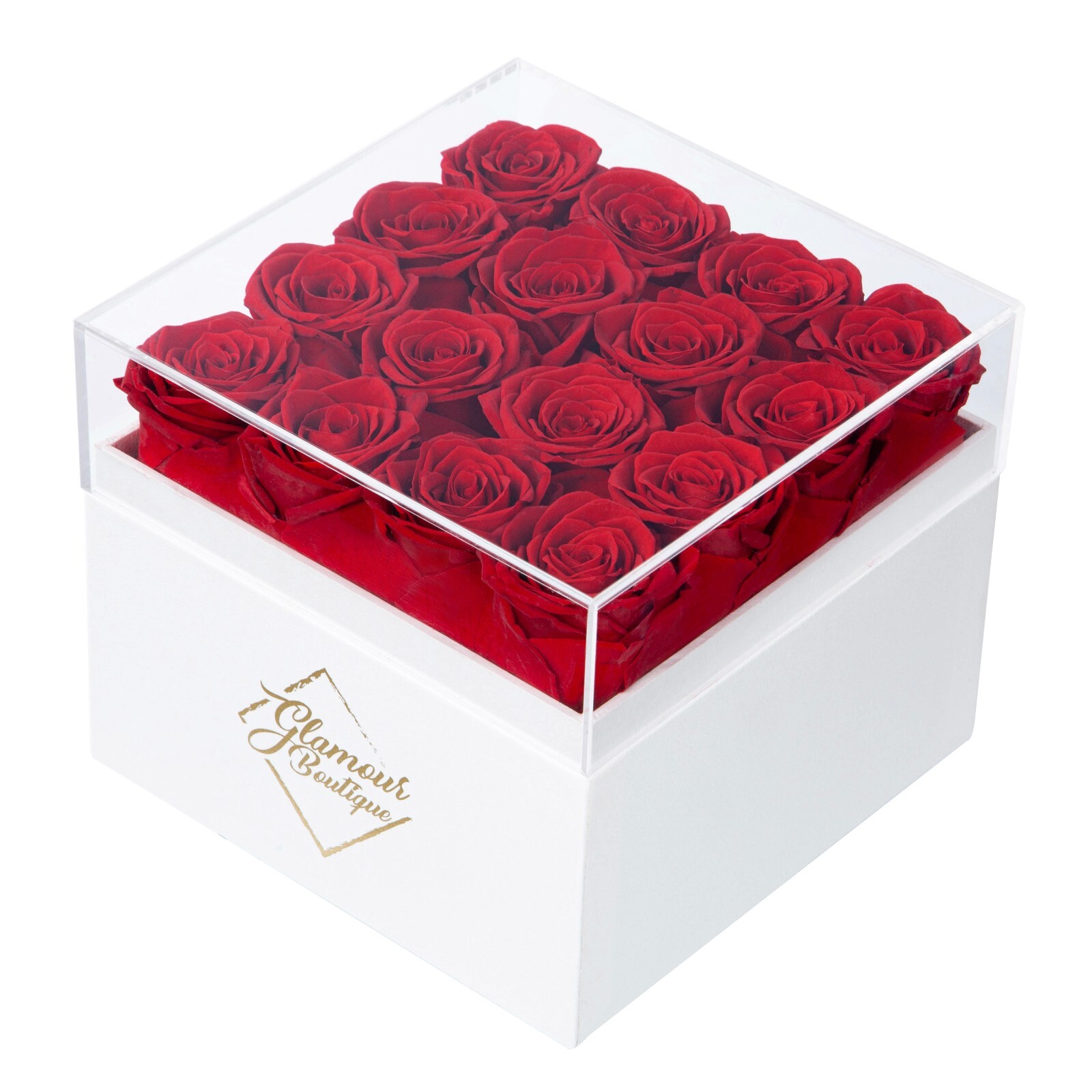 Glamour Boutique 16-Piece Forever Rose Acrylic White Gift Box – Preserved Roses