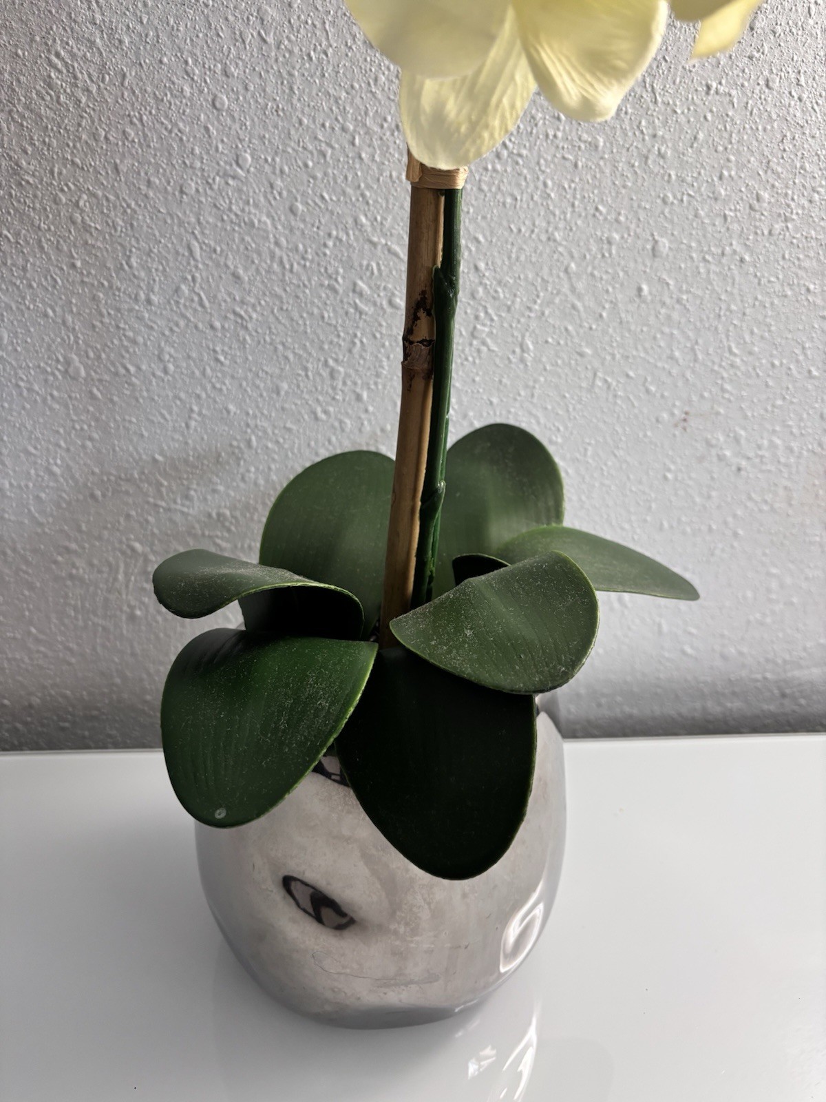 Artificial Yellow Orchid Silver Ceramic Pot Faux Phalaenopsis Floral 19”