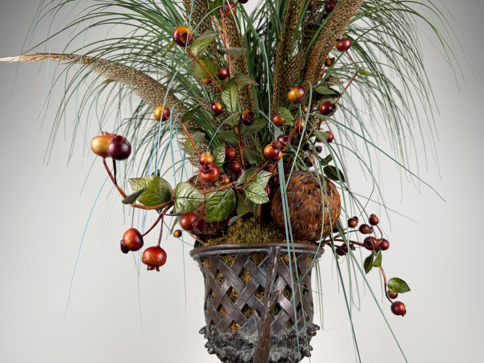 Rustic Stag Head Urn Faux Floral Arrangement Pheasant Feather Lodge Centerpiece