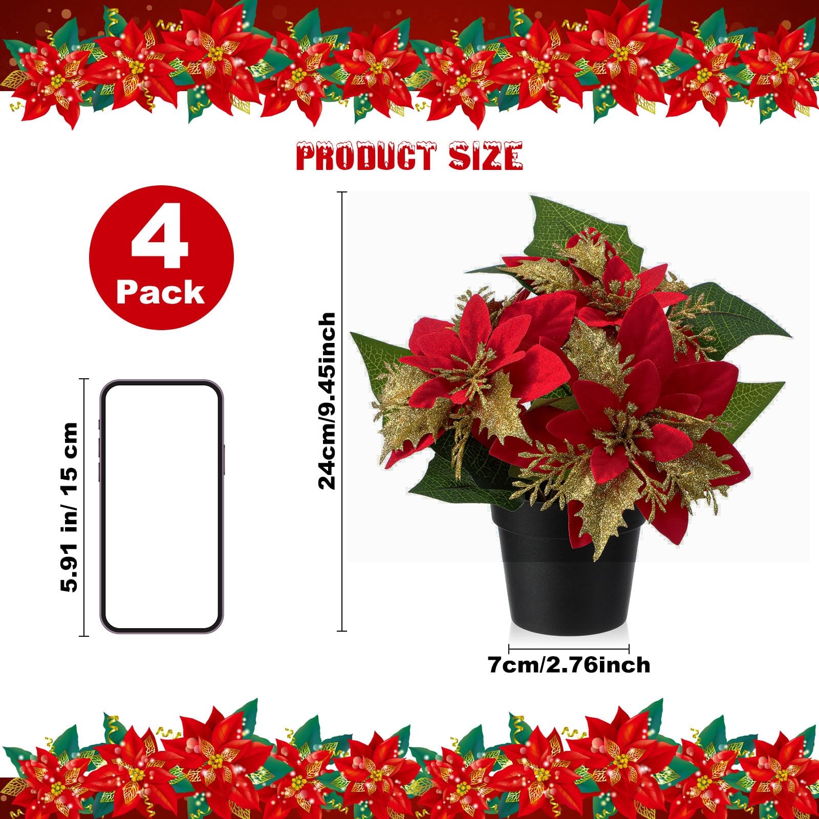 4 Pack Mini Artificial Poinsettias Pots 9 Inch Faux Red Glitter Plants Decor