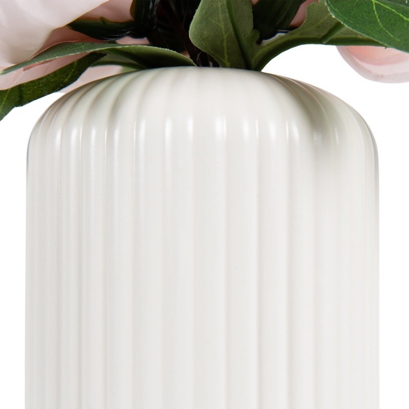 Lifelike Artificial Peony Floral Arrangement Ribbed Black Vase Home Decor Gift