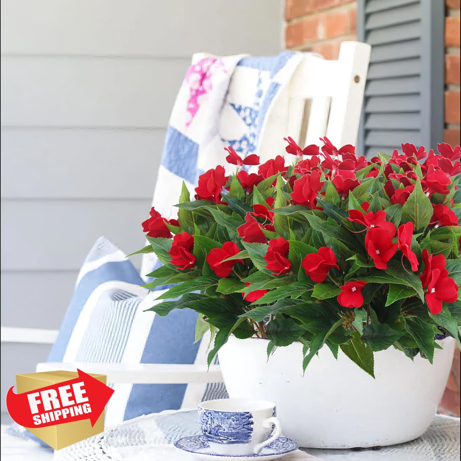 FAICOIA 2pc Red Artificial Impatiens Flowers Faux Silk Greenery