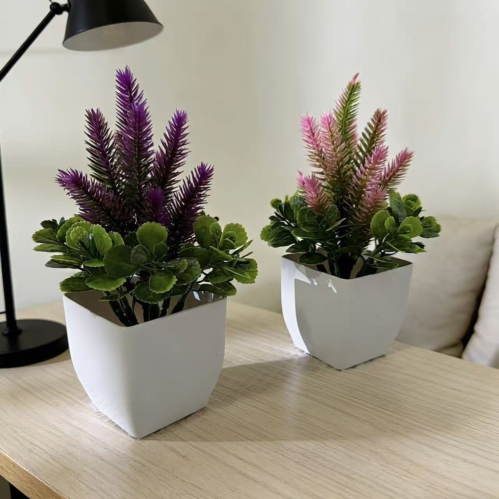 Lavender Bonsai Artificial Plant in Compact 11cm Wide Square Pot for Patio
