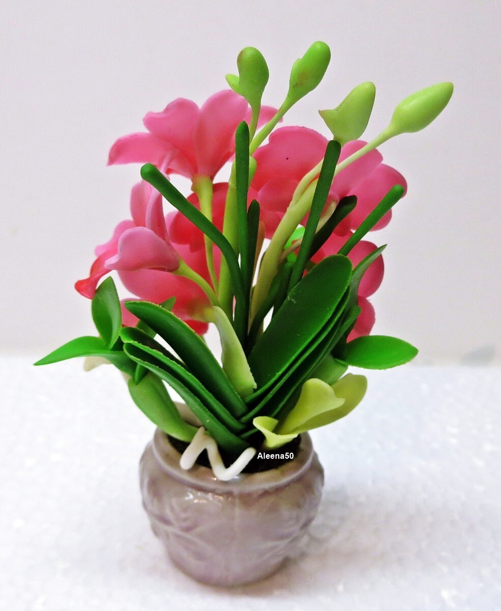 US Stock 4″H Handmade Air-Dry-Clay Pink Mini Dendrobium Orchid Arrange in Pot