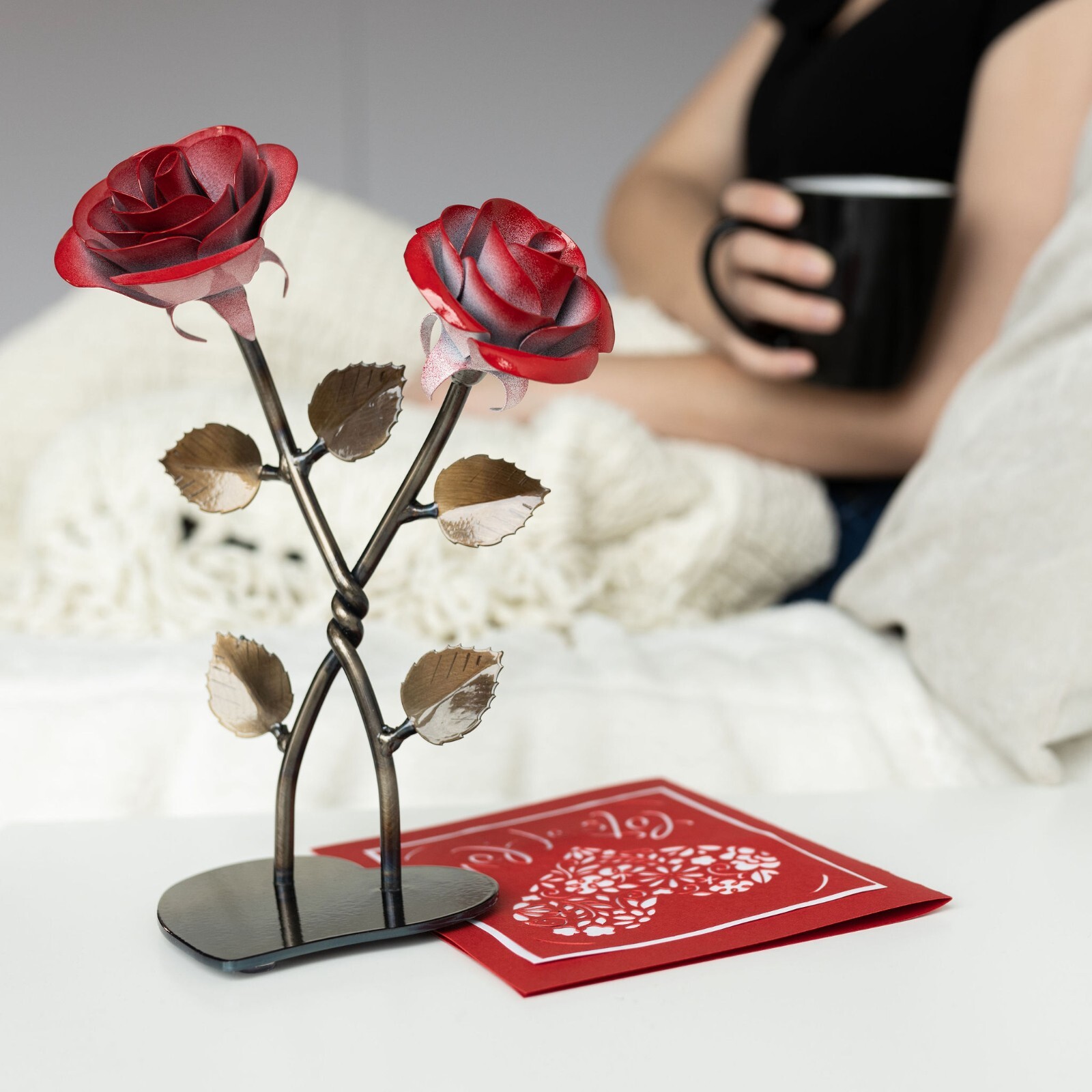 Hand-Forged Double Red Metal Rose with Twist – Iron Anniversary Gift